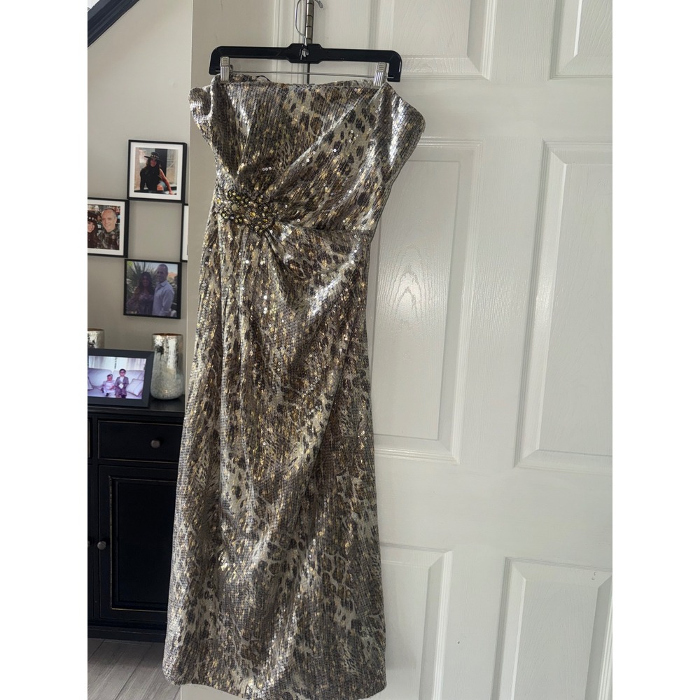 David Meister Metallic Leopard Sequin Strapless Gown Gold Silver 12 Formal Dress